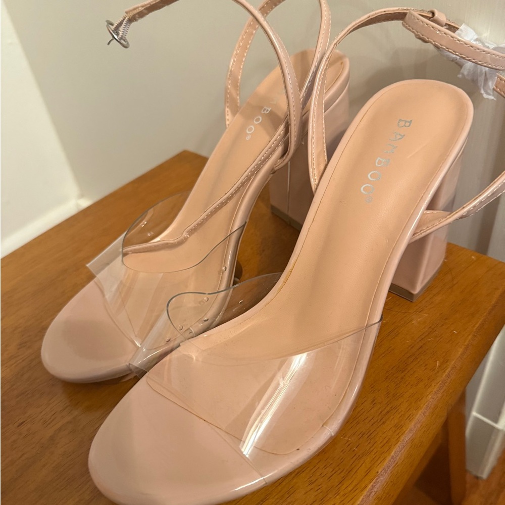 BAMBOO Women's Beige Block Heels with Clear Strap
